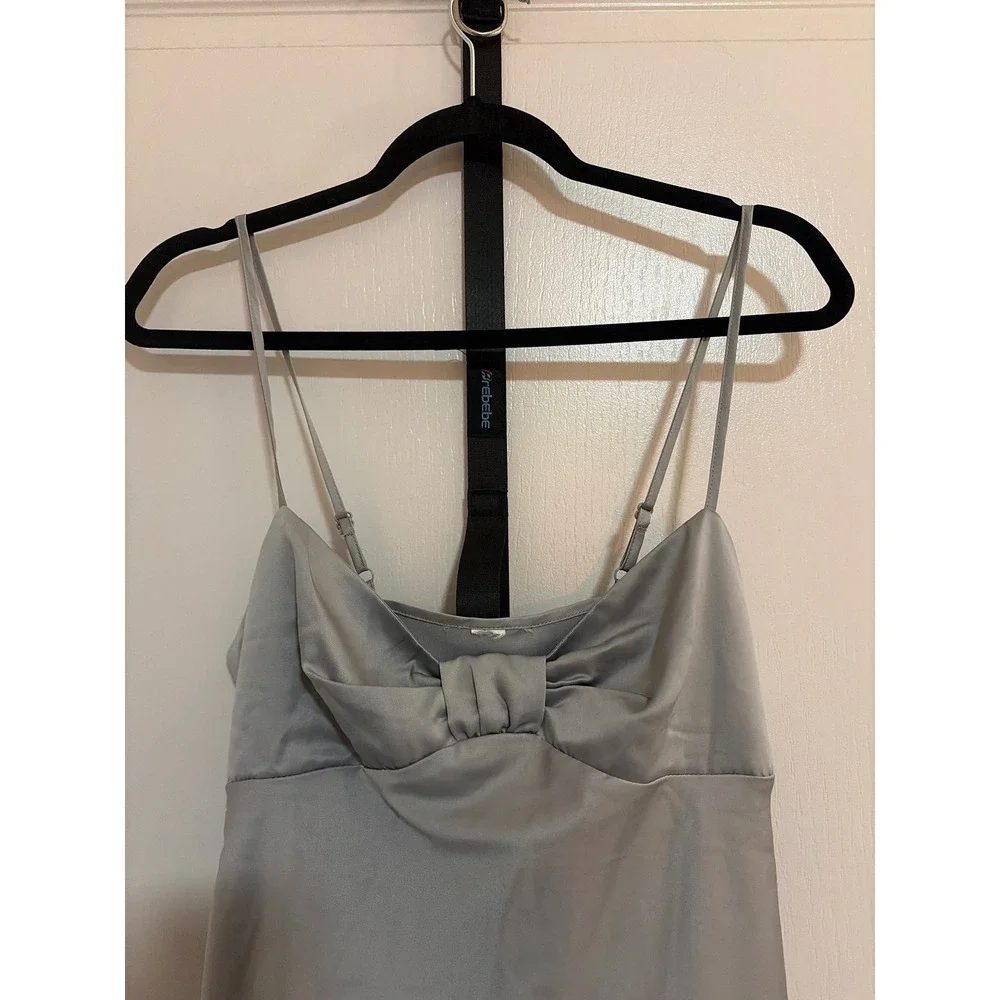 Vintage Y2K Silver Satin Bow Front Mini Dress Adjustable Straps‎ Grey XS